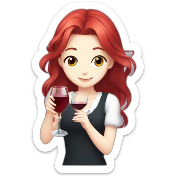 An anime girl with red hair and red eyes holding a glass of wine sticker