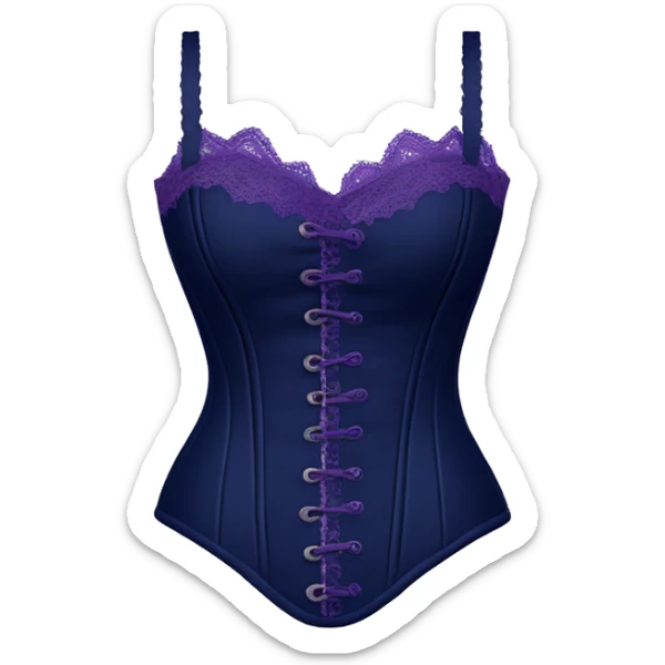 Realistic isolated side view of a navy blue  bustier with purple lace and straps. sticker