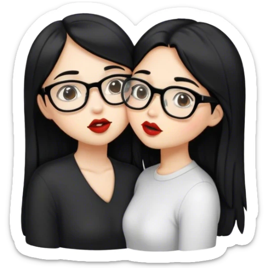 A girl with long black hair and a girl with short black hair and glasses kissing. sticker