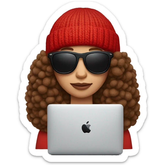 brown hair with sunglasses and a red beanie with a pom-pom, has AirPods in and is on a Mac laptop sticker