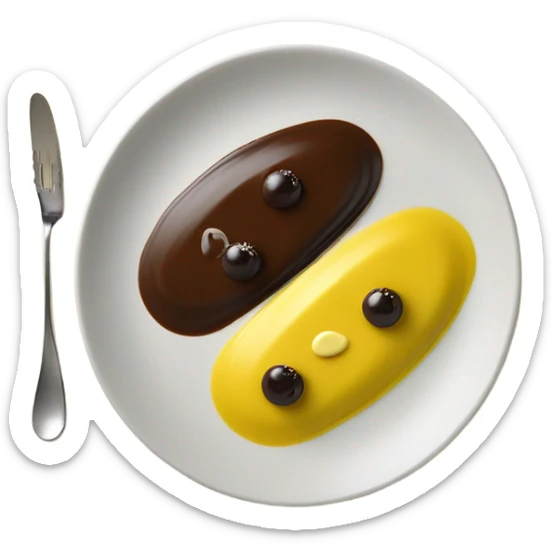 1 Chocolate quenelle and 1 vanilla quenelle on a fine dining glass plate with 3 small drops of yellow sauce as decoration sticker