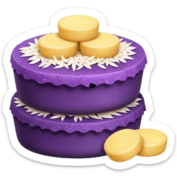 Create an emoji-style illustration of puto bumbong. Purple steamed rice cakes stacked together, topped with butter, grated coconut, and brown sugar. Cute, clean, iOS-style emoji look sticker