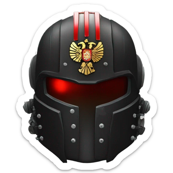 Black Space Marine helmet with red lenses, featuring the Russian coat of arms. sticker