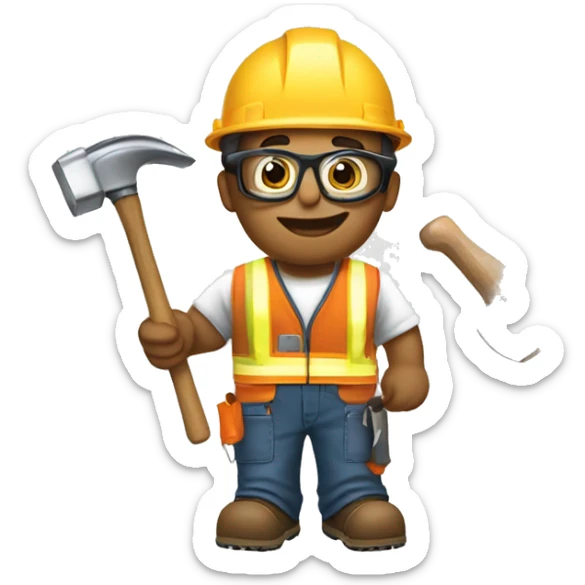 Carpenter wearing safety glasses with hammer in hand and stickers on hard hat sticker