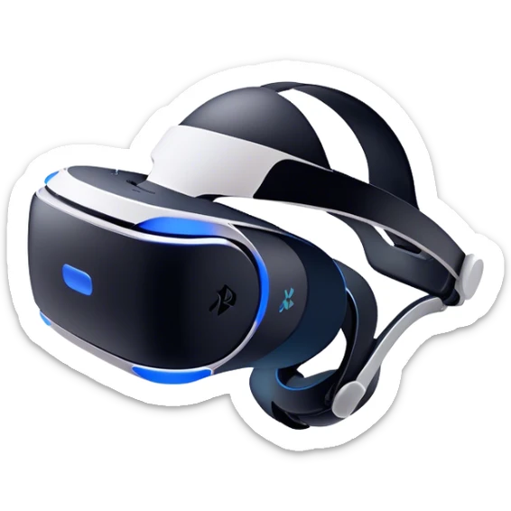 Clash of Clans aesthetic: Cinematic Playful PlayStation VR Headset Portrait Emoji, rendered in a 3D vector-style similar to standard emojis with minimal shading and bold, simplified shapes. A compact, distinct form with signature details, softly glowing with a cutting-edge console technology charm. Simplified yet unmistakably iconic, highly detailed and consistent, glowing with a soft radiance and high shine. Stylized with a touch of technological advancement and a soft glowing outline, capturing the essence of a beloved gaming relic with a friendly, playful manner! sticker