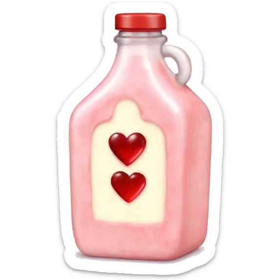 Antique heart-shaped bottle with butter, made of red crystals, white cream and pink strawberry milk pour from the bottle sticker
