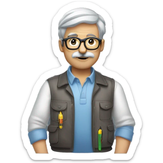 this man bit darker skin grey hair with less hair and light bear and moustache and thinner glasses and dressed like an electrician with just multimeter sticker