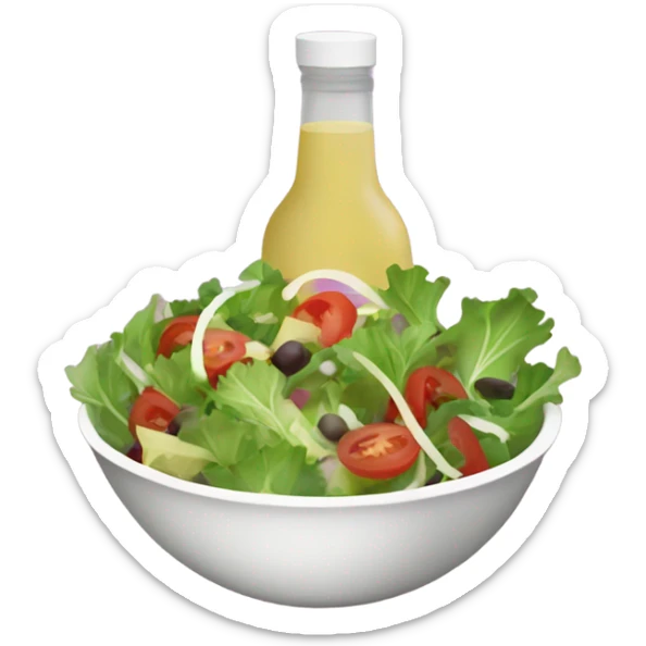 Bowl of (Mixed greens salad) with a side (bottle of vinaigrette) sticker
