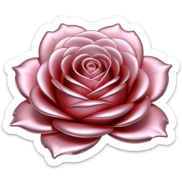 A rose emoji made of liquid silver metal, smooth metallic petals, reflective chrome surface, soft gradients, elegant shape, minimalistic iOS emoji style, centered, clean white background, realistic highlights, no text sticker