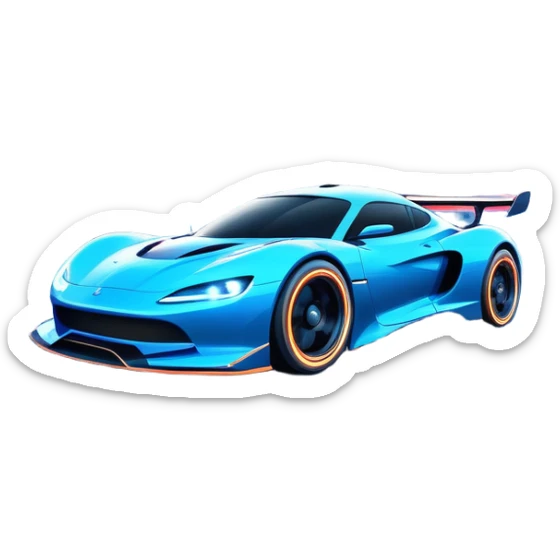 An icon showing a sleek car speeding through a neon-lit city, inspired by Need for Speed. The design features dynamic motion lines, glowing tires, and a racing track in the background. Bright lights and fast movement capture the thrill of high-speed racing. Transparent background. sticker