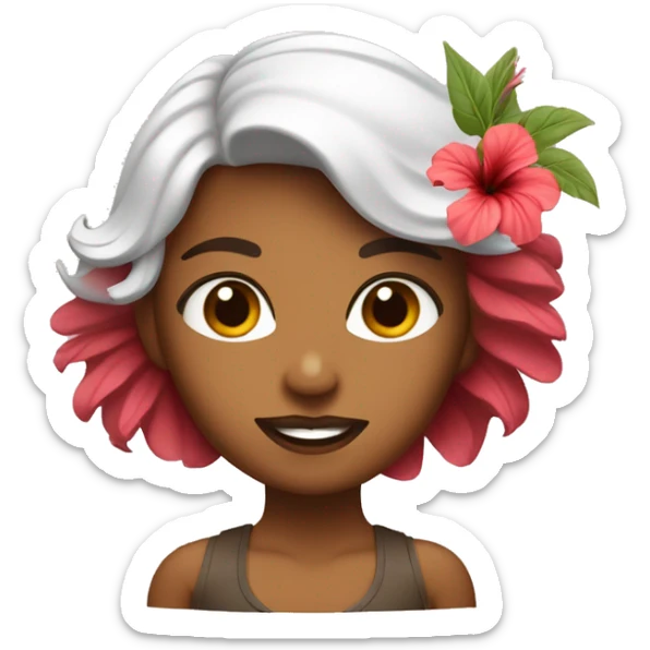 Chica de piel blanca con pelo ondulado y color marrón con una lo de hibiscus  sticker