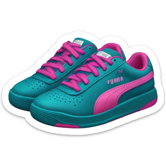 Realistic isolated side view of a pair of dark teal blue pink and magenta Puma Sneaker tennis shoes. sticker