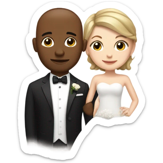 a white girl in a wedding dress with short hair and a brown guy in a tux with a buzz cut  sticker