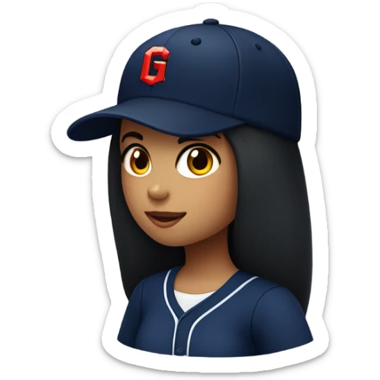 Black long hair girl wearing navy ballcap emblazoned with a red G initial and wearing baseball uniform sticker