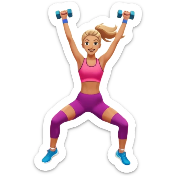 An energetic person performing an aerobics workout in a brightly lit gym, jumping and stretching with enthusiasm. The scene includes vibrant fitness equipment like dumbbells and exercise mats, with a background of cheerful, motivating colors, conveying energy and movement. sticker