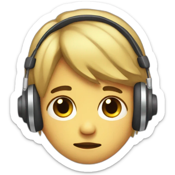 Illustrate a melancholic emoji of a straight sad boy, head bowed, with headphones on, lost in the emotional melodies of heartbreak. sticker