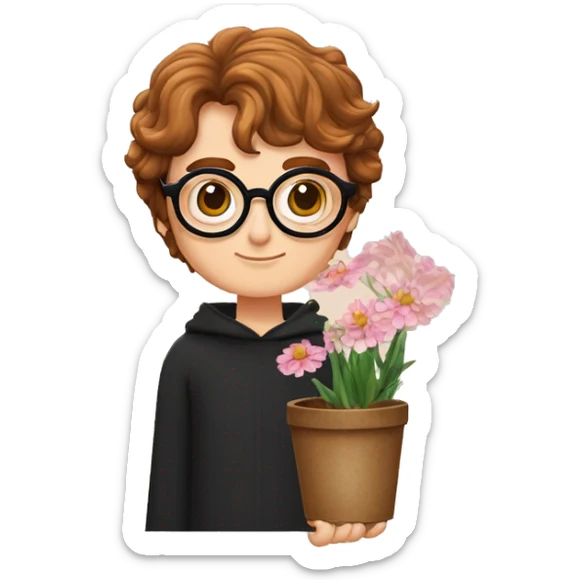Dessine Harry potter avec des lunettes rondes un baguettes magique dans une main avec les cheveux ondulés avec une cicatrice sur le front et des pots de fleurs dans les mains  sticker