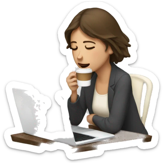 tired french girl with laptop drinking a lot of coffee sticker