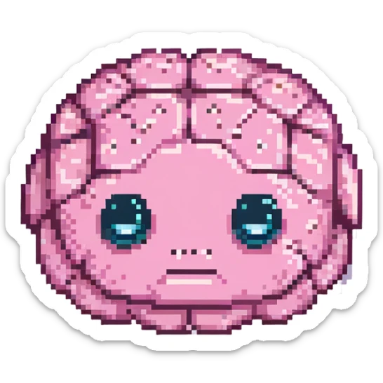 16-bit pixel art of a pink brain-shaped blob with sad droopy eyes and downturned mouth, smooth rounded brain texture, simple retro gaming style sticker