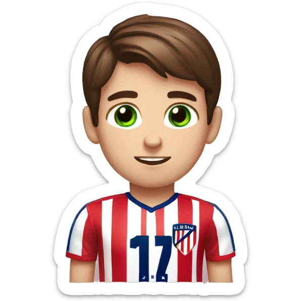 A boy with brown hair, green and blue eyes, and a atlético de Madrid Shirt sticker