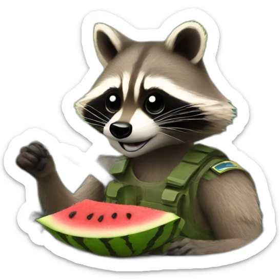 A military raccoon with a watermelon at the wheel of a car sticker