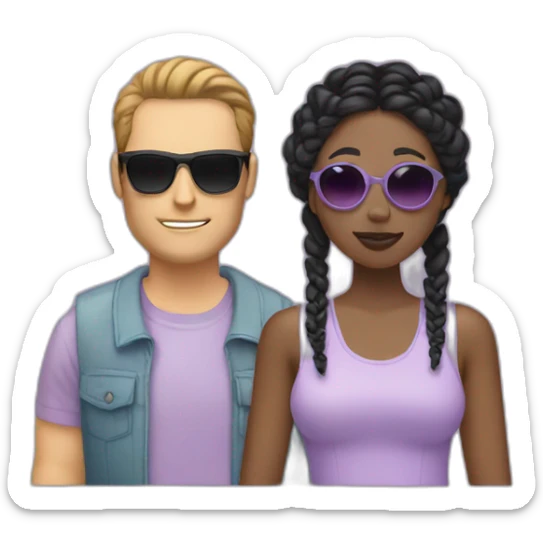 white man with brown hair sunglasses and a black woman with braids wearing a pastel lavender top sticker