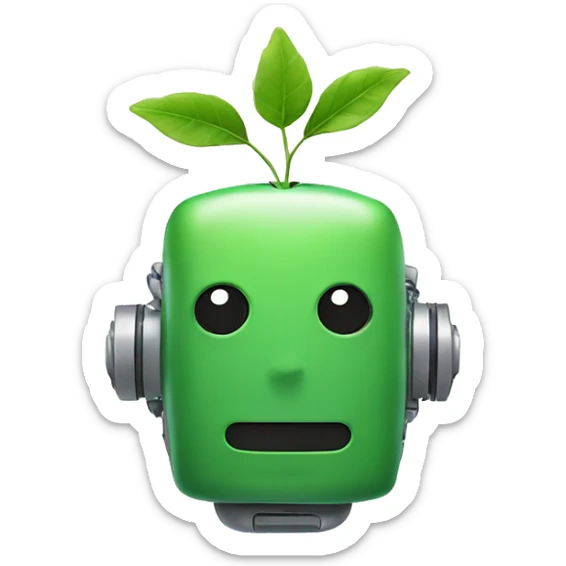 a green friend smiling robot with a leaf sticking at out of the top of his head sticker