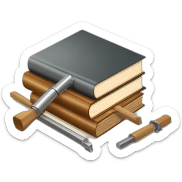 isometric thick BOOK with picture of wood, metal rods, welder, tools sticker