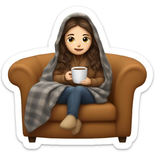 Brunette white girl covered in blanket autumn vibe sitting on a cozy chair holding coffee sticker