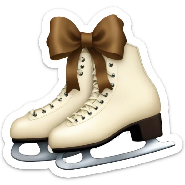 Cream color pair of ice skates hanging from a brown bow tied  sticker
