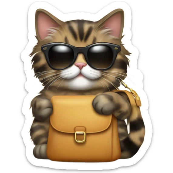 Tortishell pattern Siberian cat wearing sunglasses and holding a bag of catnip in one paw sticker