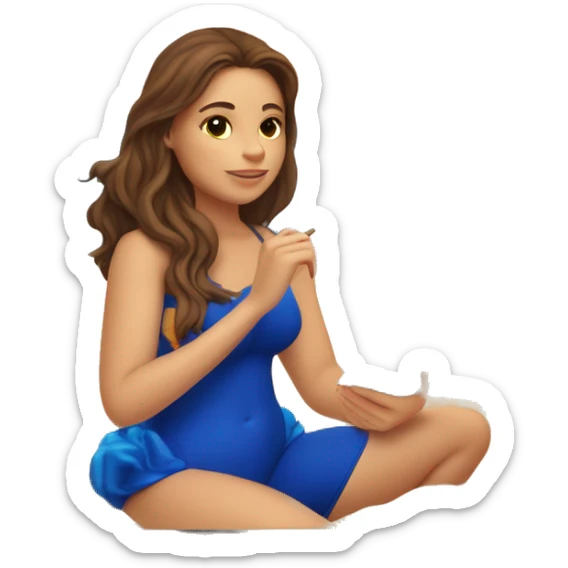 a girl with brown hair in a blue swimsuit sits on the sand by the sea and looks at the sunset in her hand holds a notebook in which the sea and sunset are drawn sticker