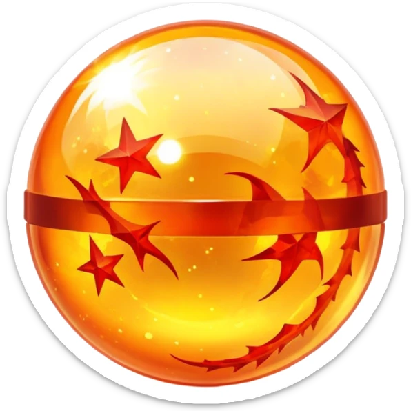 Orange crystal Dragon Ball with red stars inside, glowing golden orb with visible red stars, classic anime style sticker