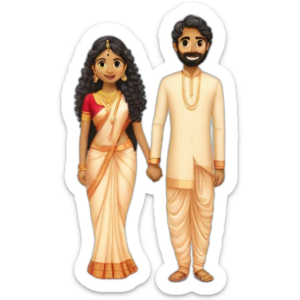 south indian girl with curly hair marrying south indian guy with straight hair and beard wearing dhoti sticker