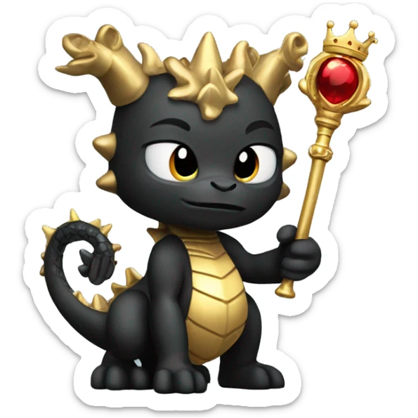 A black golden dragon whit body and a crown holding a golden sceptre in her left hand  sticker