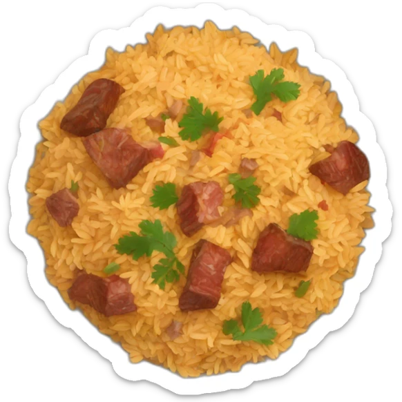 a bowl of Uzbek pilaf with brown pieces of meat sticker
