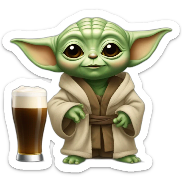 Bébé Yoda avec du café et de la bière en tenue de chambre qui danse sur elon mosk sticker