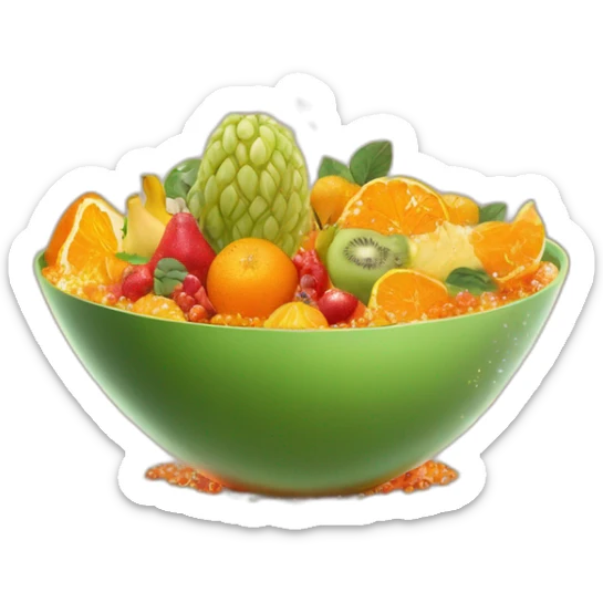 Create an image of a vibrant orange salad bowl filled with exotic fruits and vegetables, topped with a sparkling diamond. Include a hand elegantly holding the bowl from the side. sticker