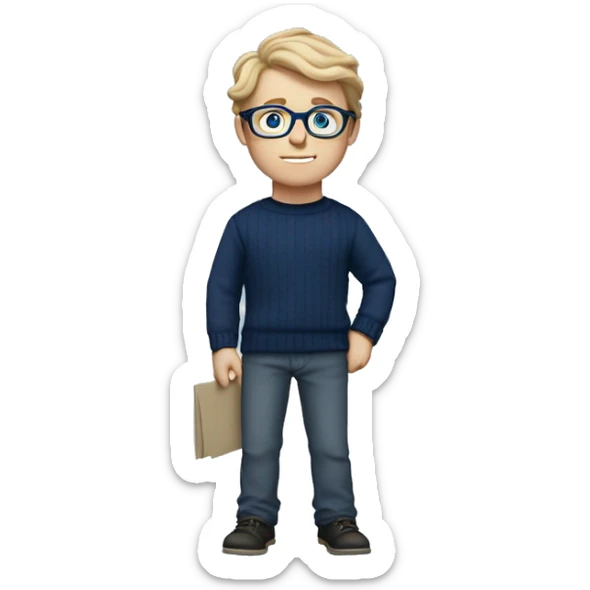 caucasian white boy with dark wavy  hair, blue glasses, and carrying design paper plan because he is an architect carrying a pencil and a set model maquette. wearing a navy blue long sleeve sweater shirt. smart.  sticker