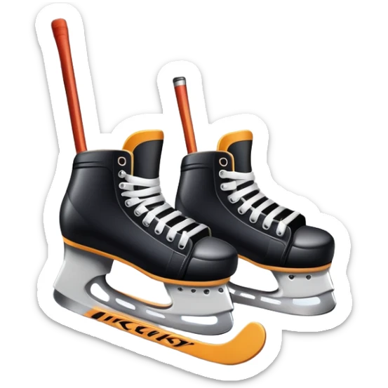 Please, make An icon featuring close-up shots of key hockey equipment: a hockey stick, puck, and skates. The background shows a packed stadium with cheering fans, bright arena lights, and an icy rink. Transparent background highlights the essentials of the game and the thrill of the sport. sticker
