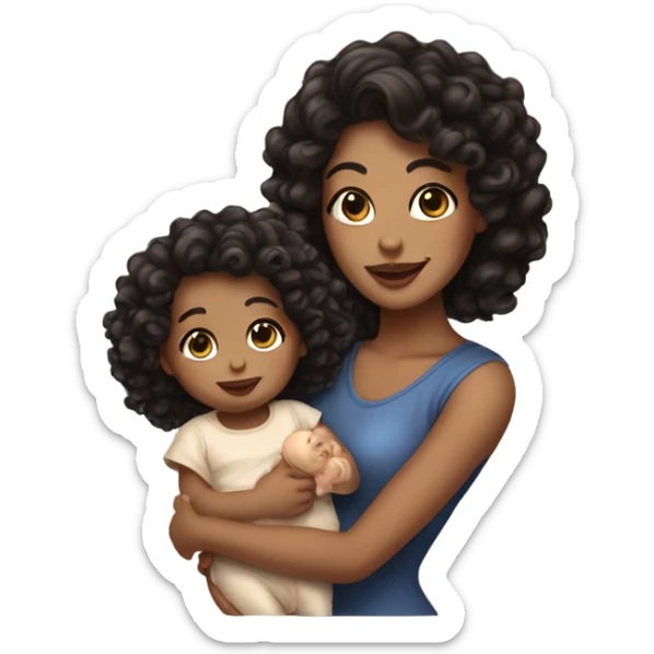 A lady with light skin and curly black hair with highlights holding a baby with really curly brown hair sticker