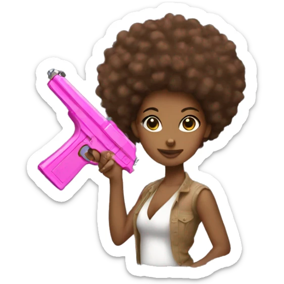 Brown girl holding a pink gun long Afro hair cash sticker