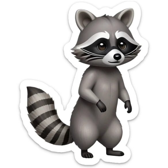 Cinematic-Raccoon-Realistic-Full-Body-Standing on all fours-Emoji – Tail flicking lazily, head tilted dramatically, thick grey fur with a signature black mask, sharp and alert ears, simplified yet realistic focused features, highly detailed, glowing with an almost sarcastic glow. sticker