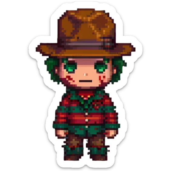 Freddy Krueger in pixel art style, chibi proportions, bright colors sticker