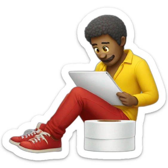 yellow man wearing red shoes with toilet paper and an ipad sticker