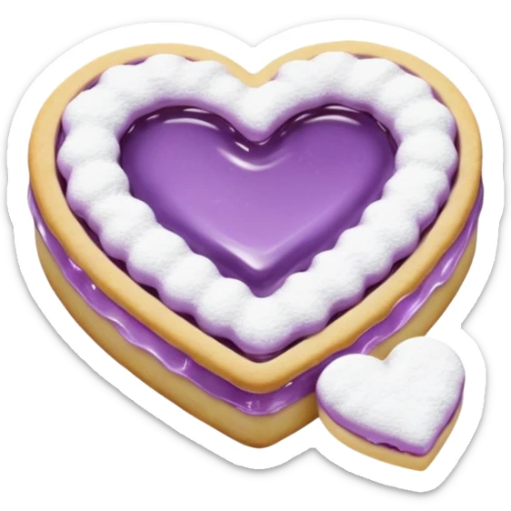Realistic shortbread cookie in the shape of a heart with Pale Purple color jelly middle filling and sprinkled powder sugar on top. sticker