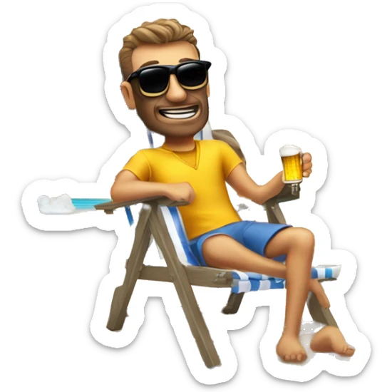Hombre sentado tomando cerveza en una silla en la playa con lentes de sol  sticker