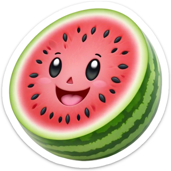 Cute Kawaii Watermelon Slice, juicy and vibrant, soft pastel green rind with pink flesh, tiny black seeds shaped like hearts, an adorable happy face with cute round eyes, bursting with summer energy! sticker