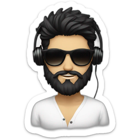 A stylish boy wearing headphones and sun glasses and in background music waves black hair black beard new trending look white skin colour like a hero sticker