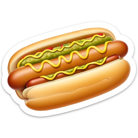 Cinematic Realistic Hot Dog Dish Emoji, featuring a classic hot dog in a bun topped with mustard and relish rendered with crisp textures and vibrant, dynamic lighting. sticker